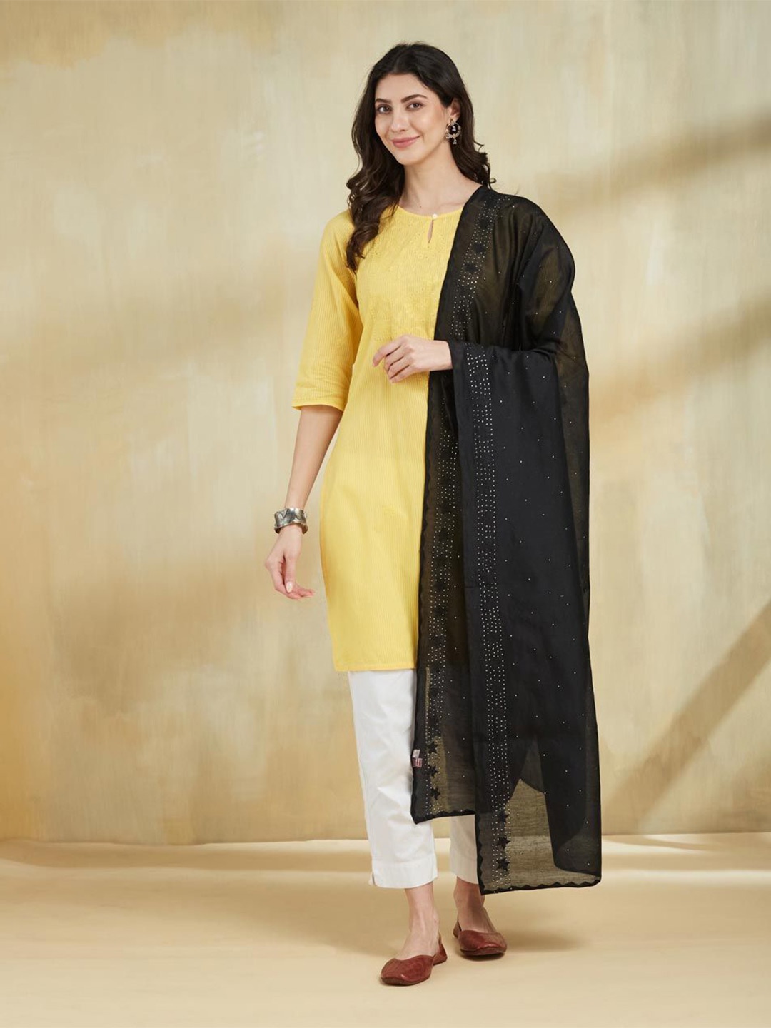 

Fabindia Ethnic Motifs Embroidered Cotton Silk Dupatta with Beads and Stones, Black