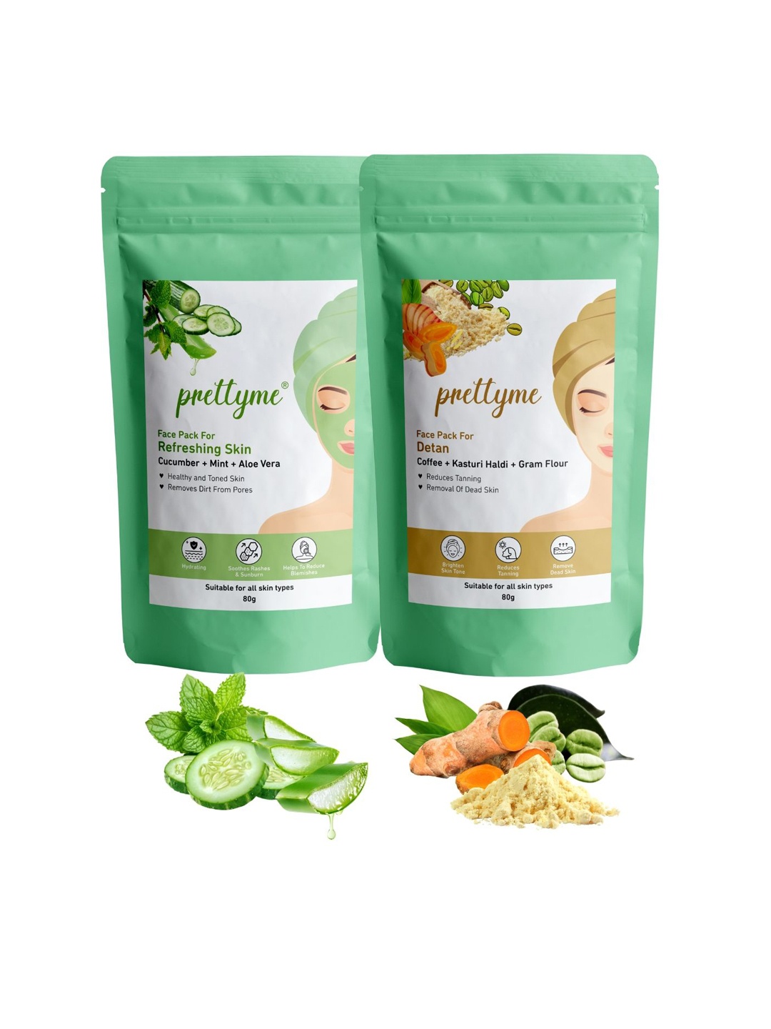 

Prettyme Set Of 2 Refreshing & Detan Powder Face Mask - 80 g Each, Sea green