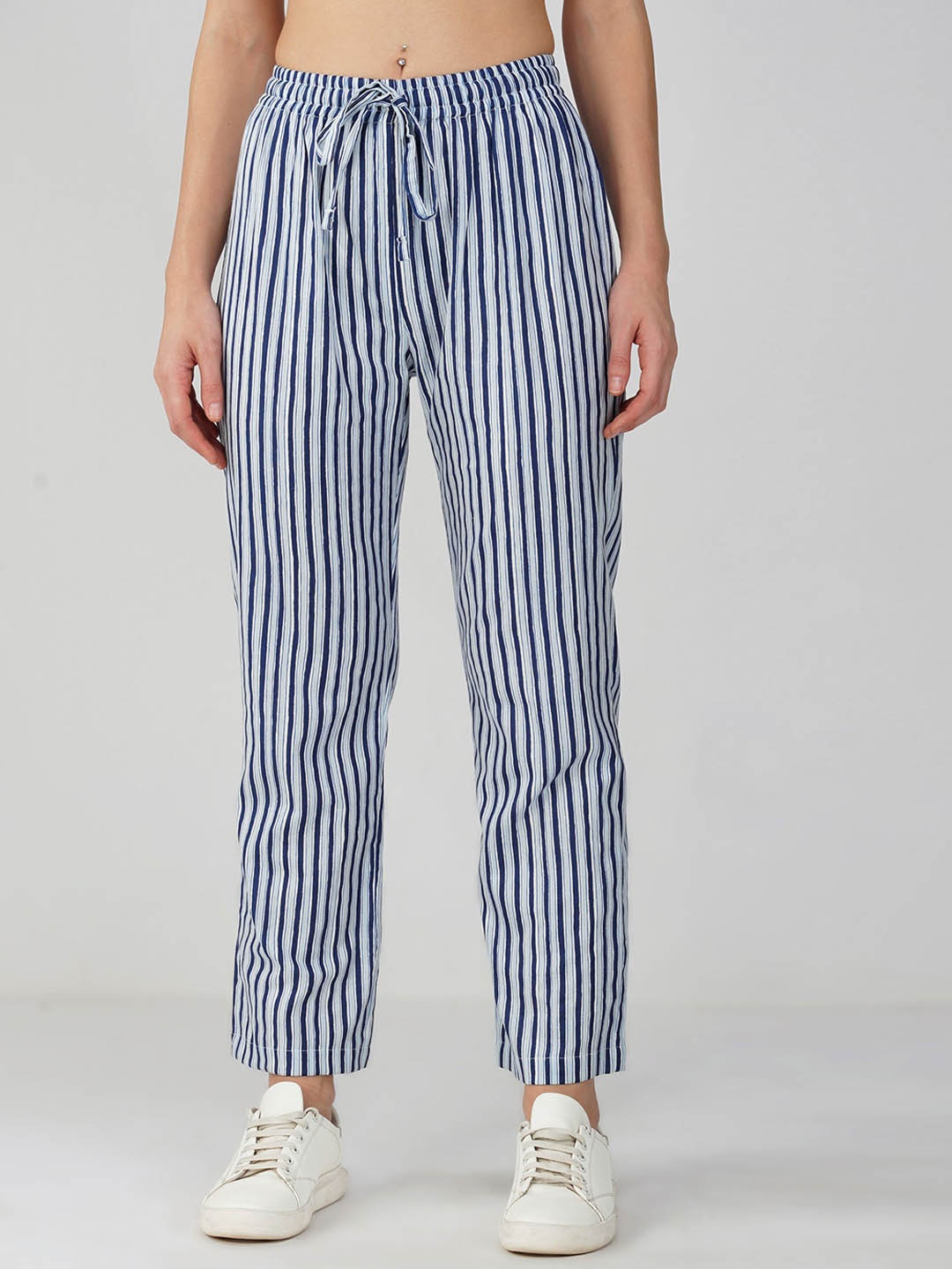 

Street22 Women Striped Relaxed Straight Leg Tapered Fit Trousers, Blue