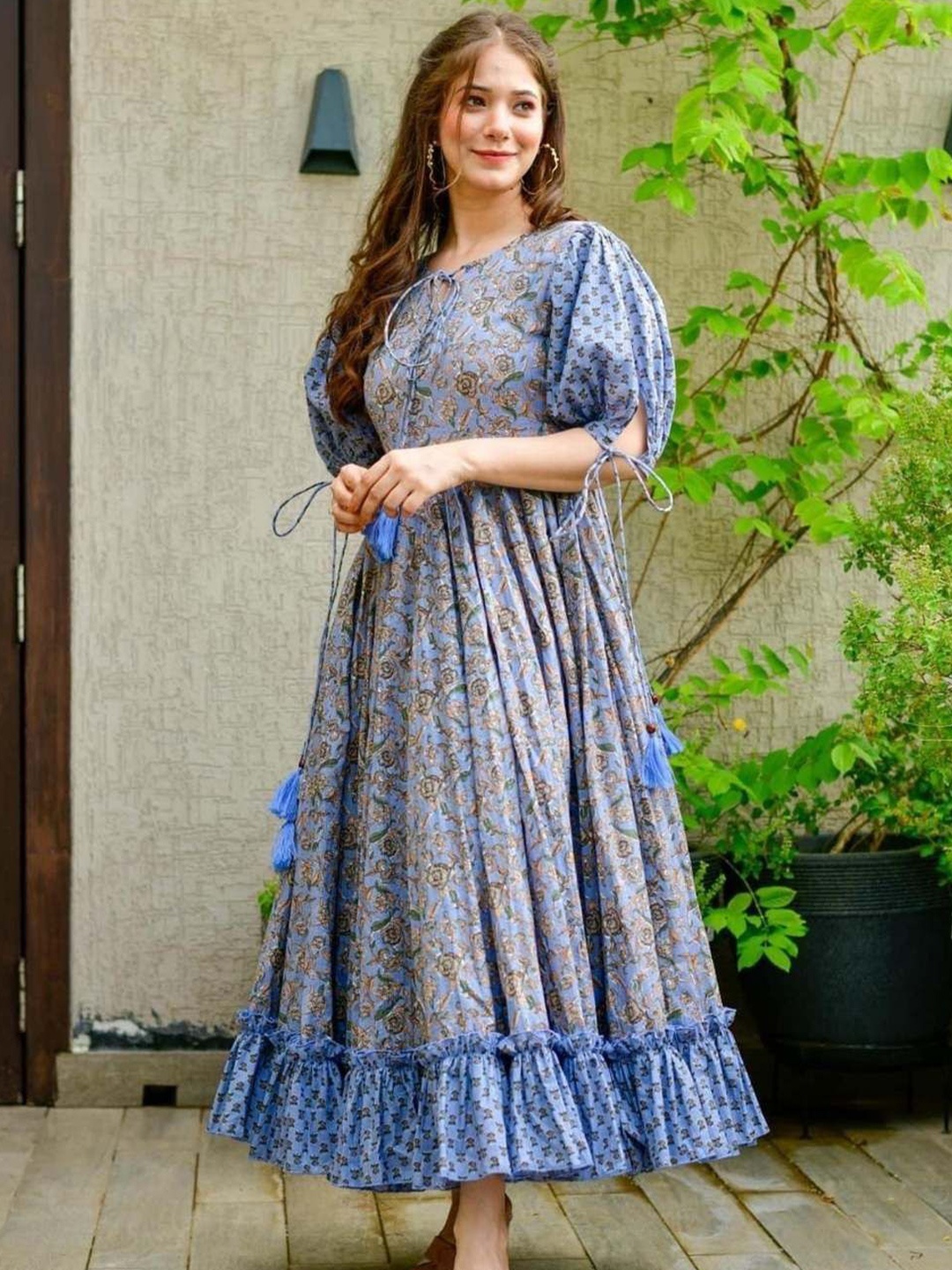 

ODETTE Women Blue Printed Cotton Silk Stitched Gown