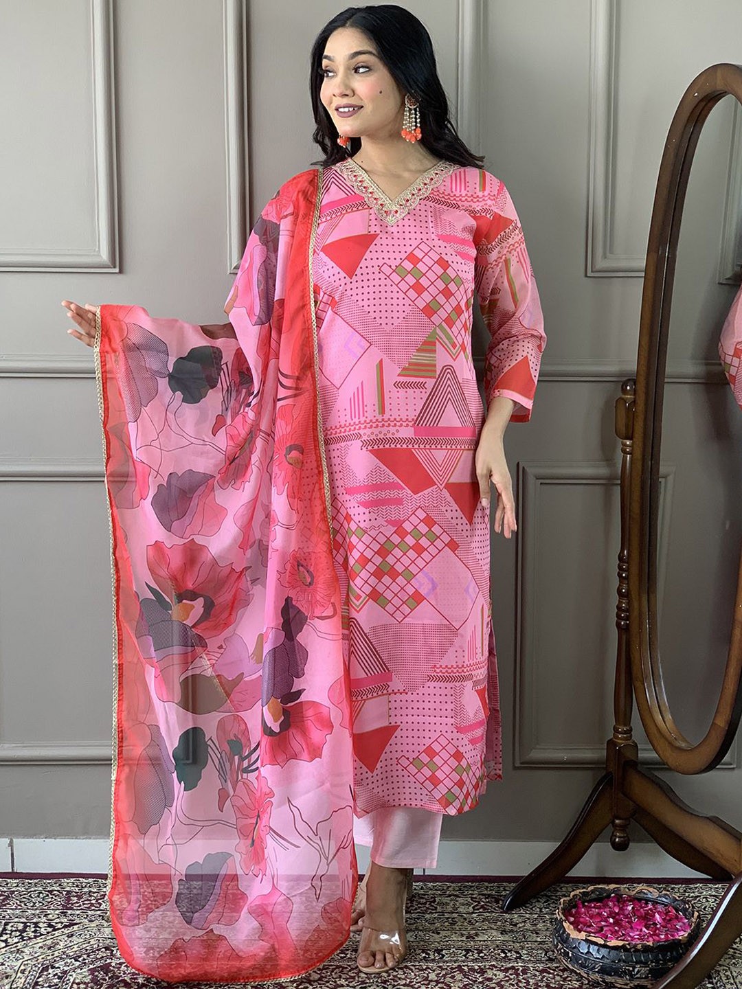 

KALINI Women Printed Regular Chanderi Silk Kurta with Trousers & With Dupatta, Pink