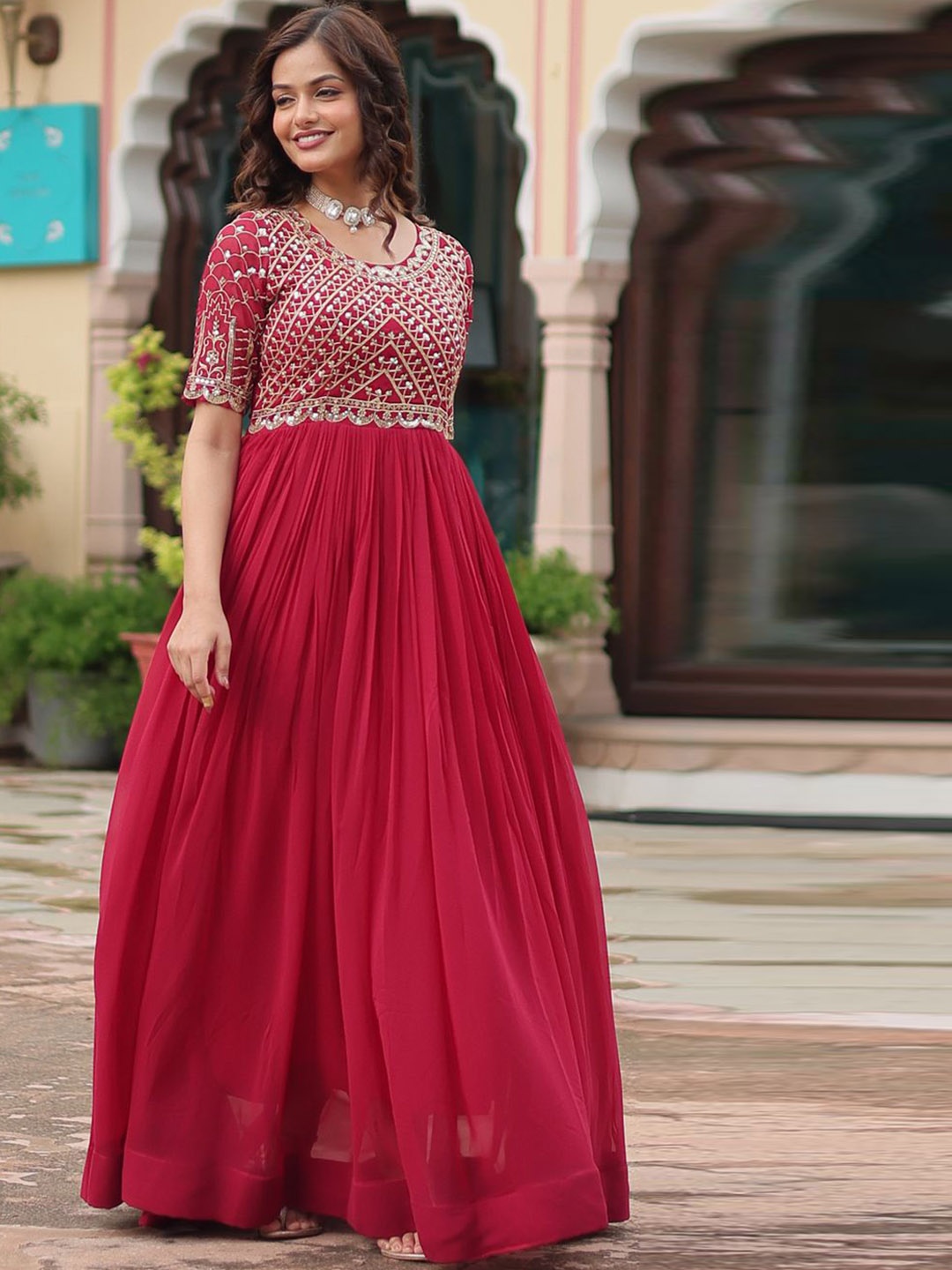 

Anara Women Ethnic Motifs Embroidered Georgette Anarkali Kurta, Pink