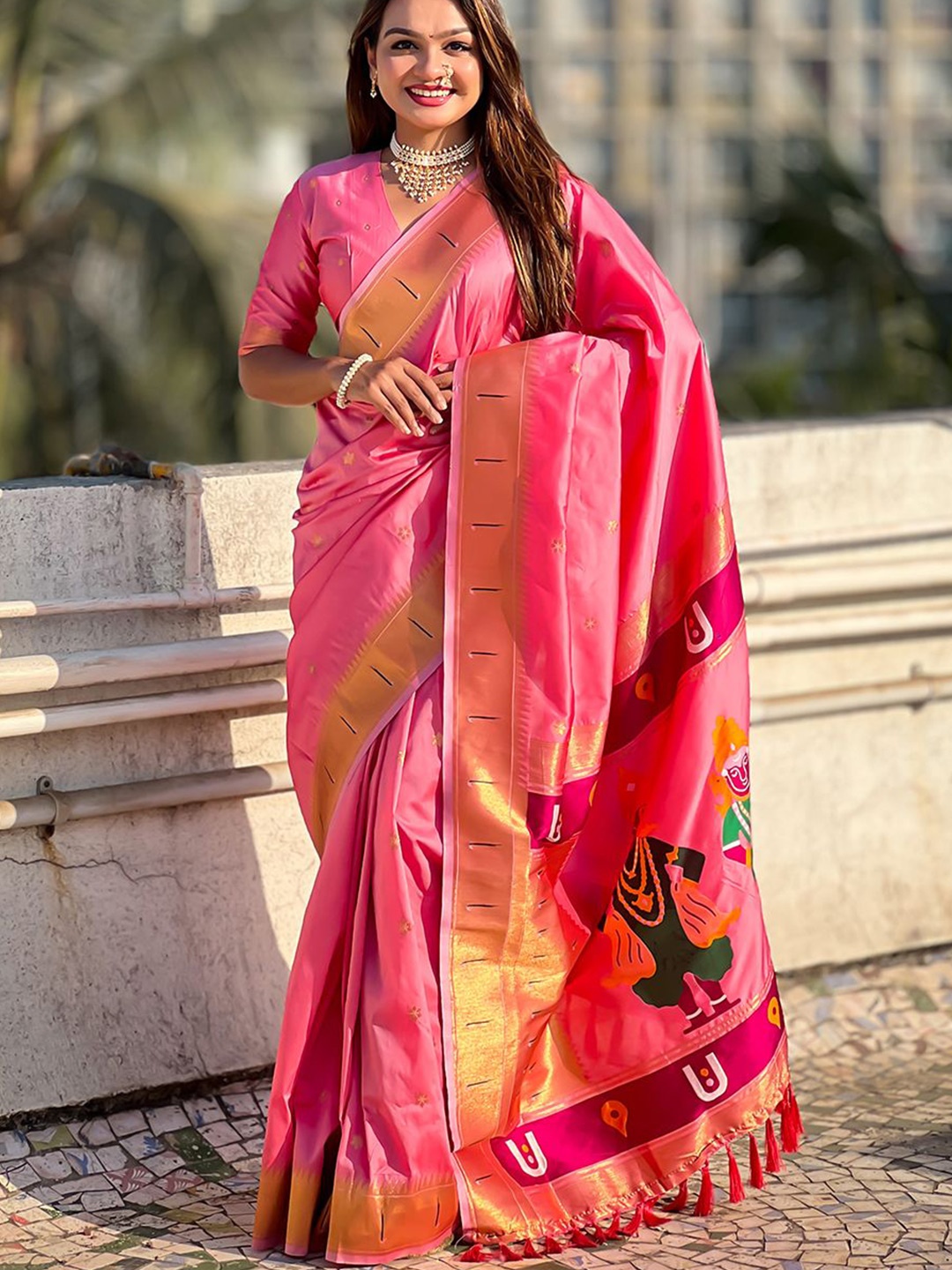 

all about you Ethnic Motifs Silk Blend Paithani Saree, Pink