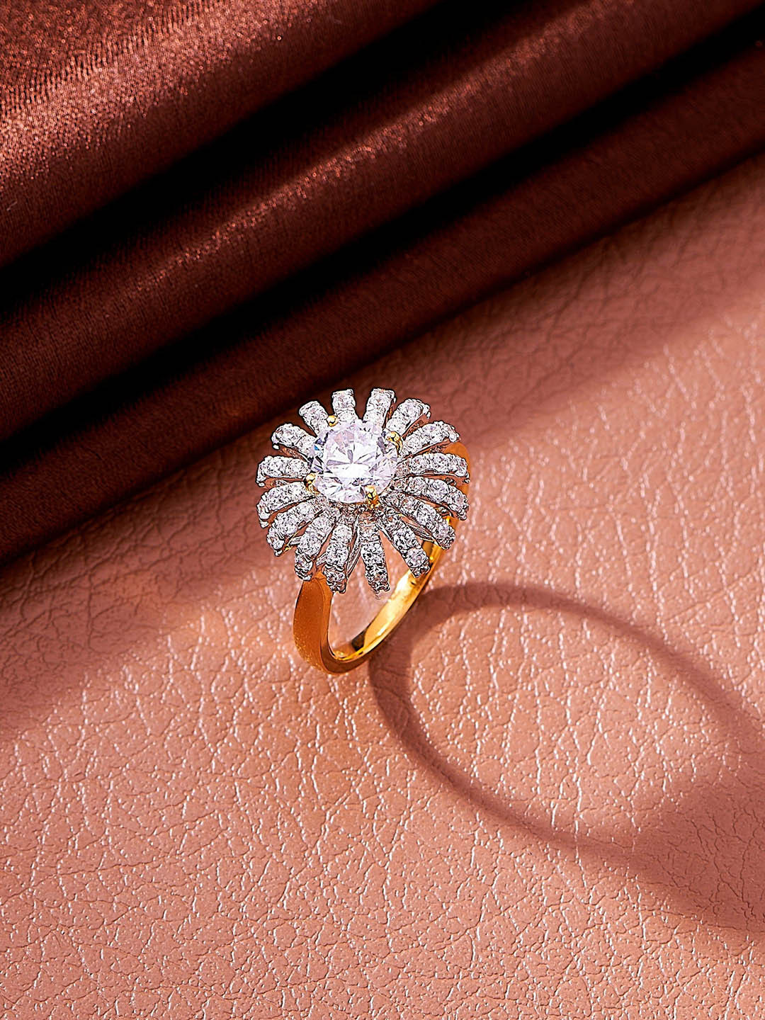 

Nipura 925 Sterling Silver Gold-Plated CZ Studded Floral Cocktail Solitaire Finger Ring