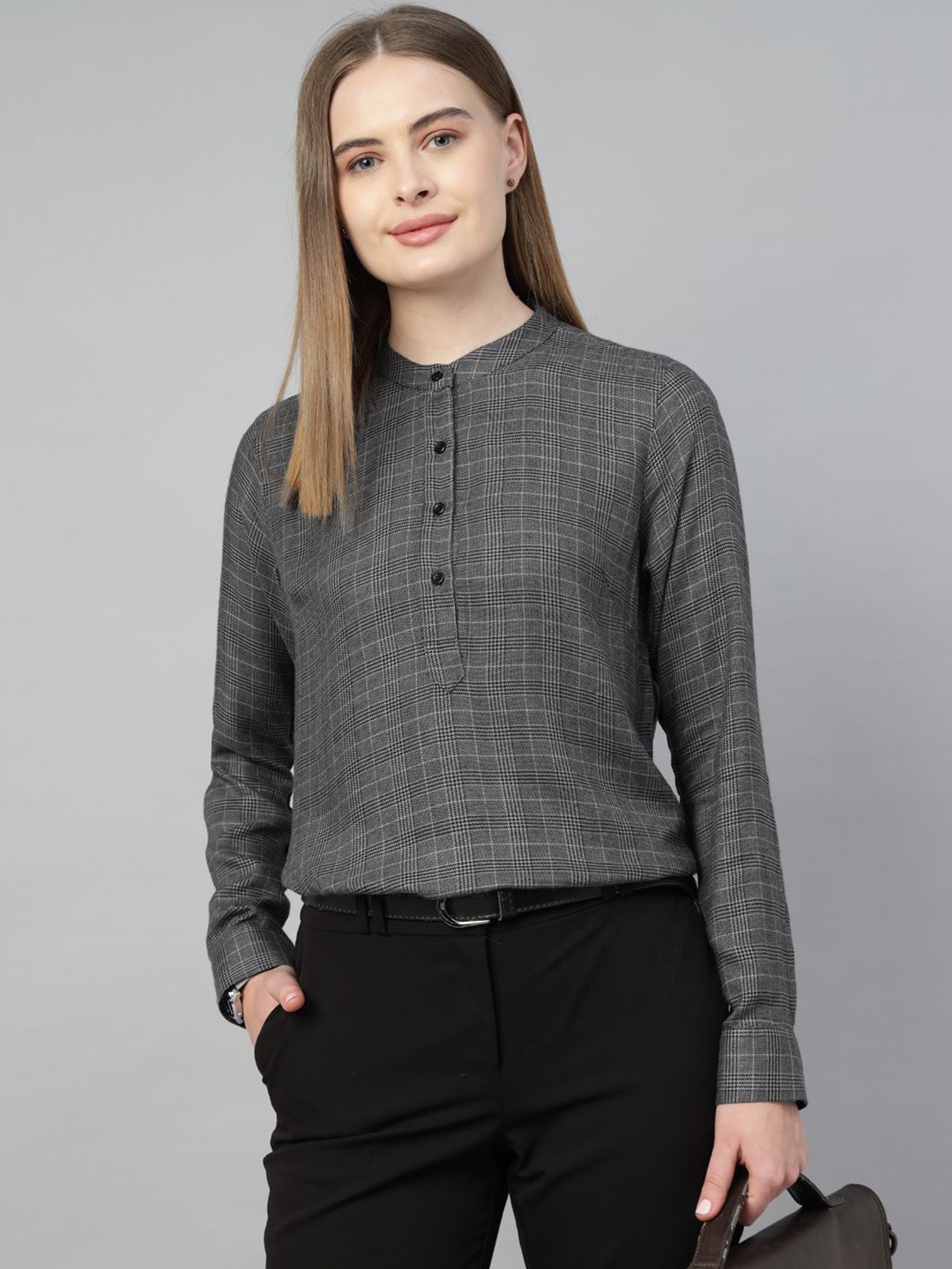 

Hancock Checked Mandarin Collar Shirt Style Top, Grey