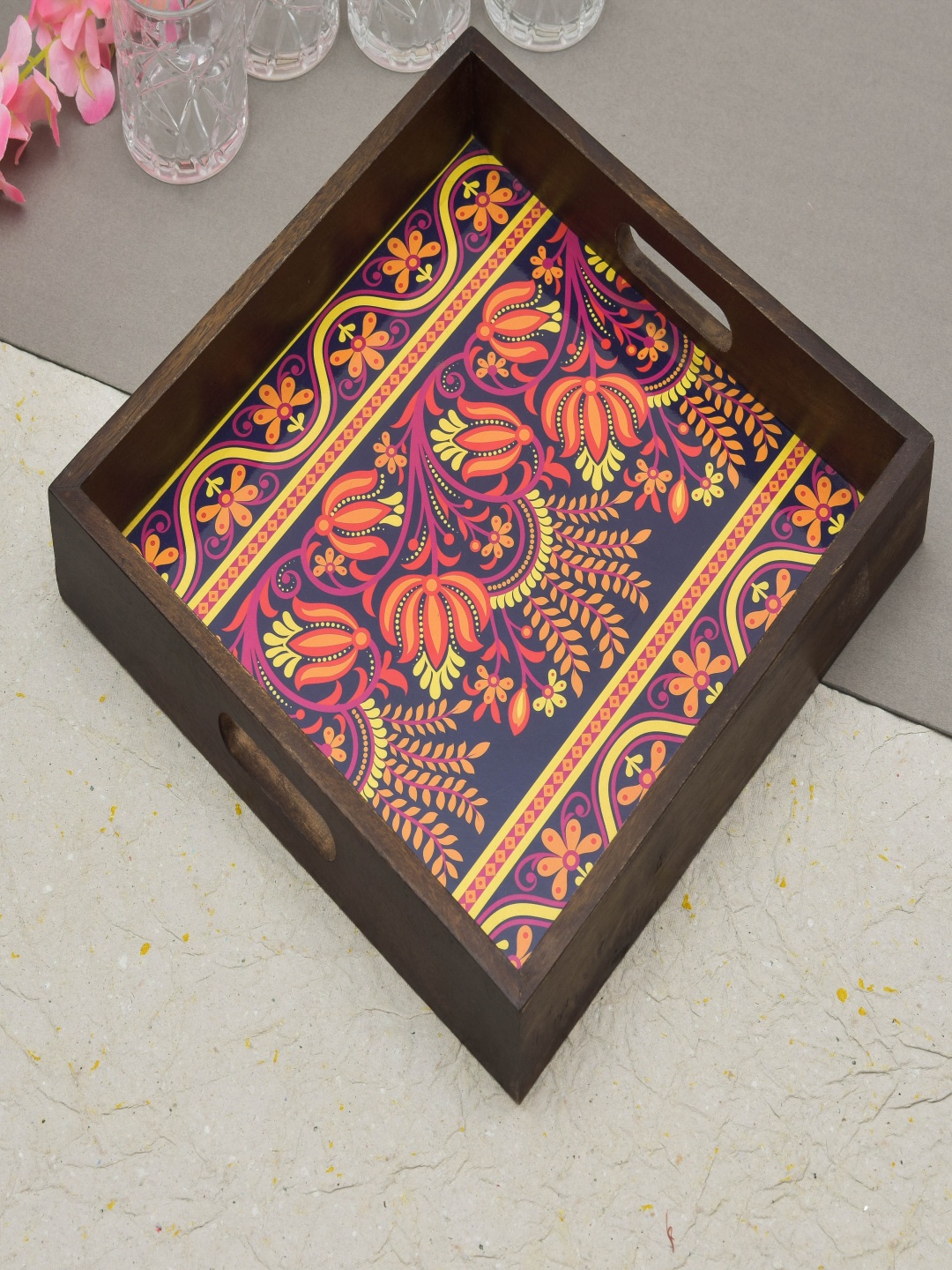 

oggn Brown Printed Square Serving Tray, Yellow