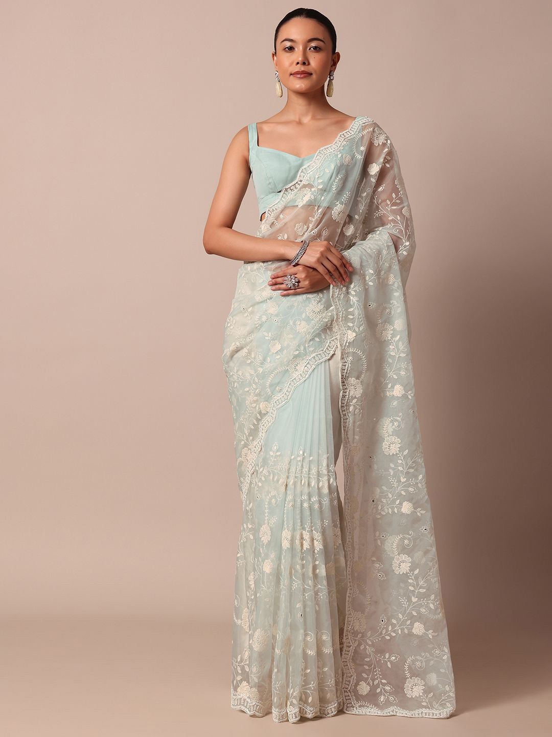 

KALKI Fashion Embellished Mirror Work Organza Ready To Wear Saree, Blue