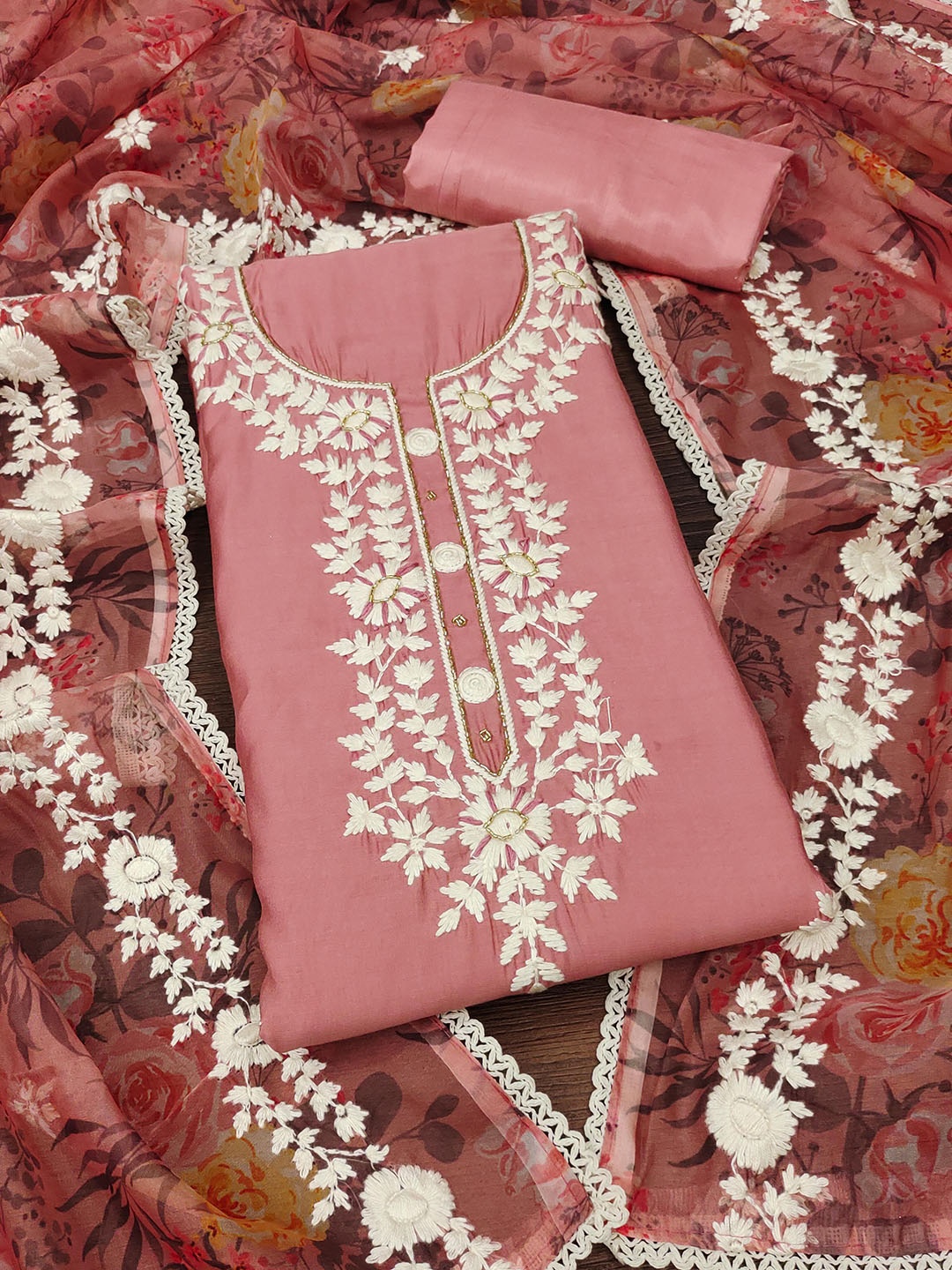 

SHADOW & SAINING Embroidered Pure Silk Semi-Stitched Dress Material, Pink