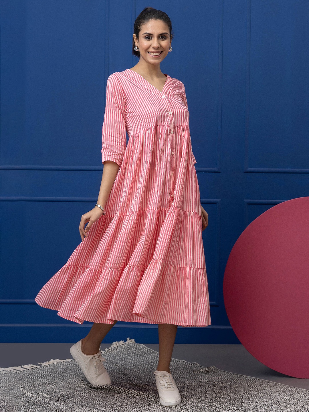 

SAKA DESIGNS Striped Fit & Flare Dress, Peach