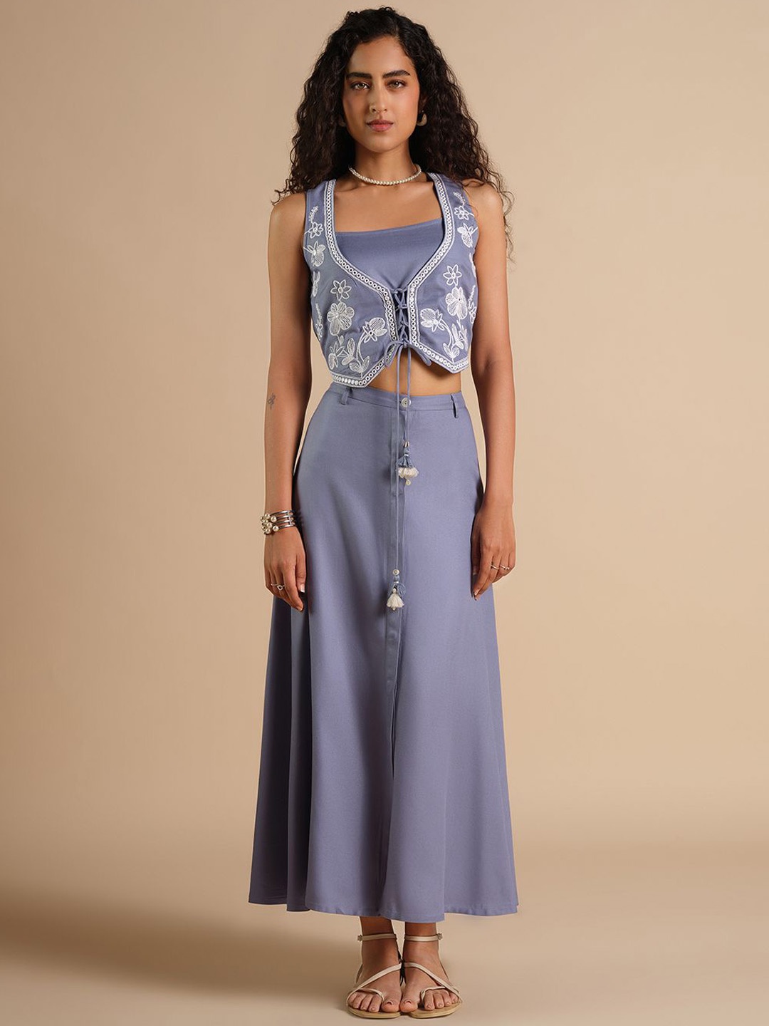 

Global Desi Embroidered Top With Jacket & Skirt Co-Ords, Blue