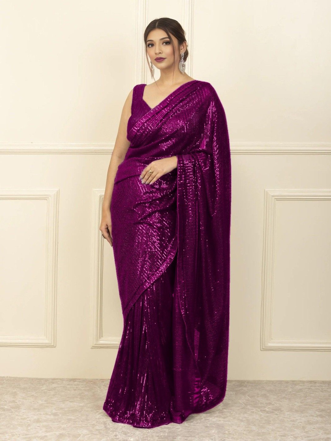 

ANJANI TEXTILE Embellished Sequinned Poly Georgette Saree, Purple