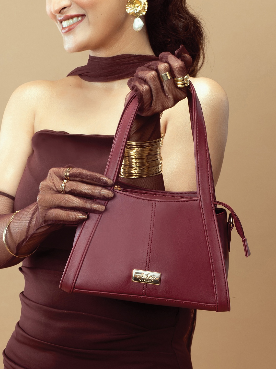 

Strokes by Namrata Mehta PU Structured Handheld Bag with Quilted, Maroon