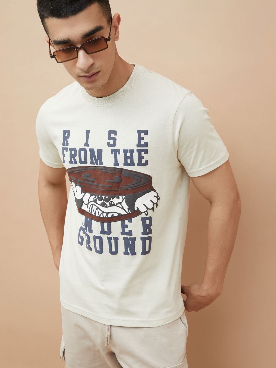 

Fame Forever by Lifestyle Men Typography Printed Raw Edge T-shirt, Beige