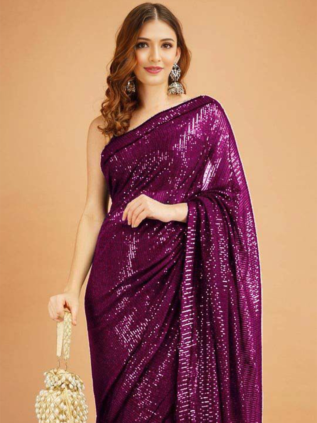 

ANJANI TEXTILE Embellished Sequinned Poly Georgette Heavy Work Saree, Purple