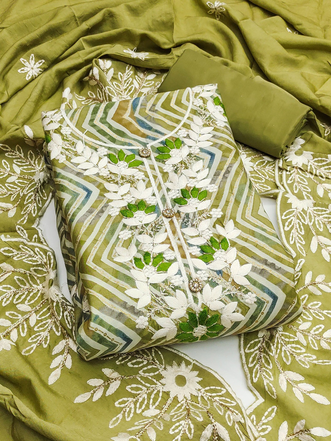 

SHADOW & SAINING Printed Semi-Stitched Dress Material, Green