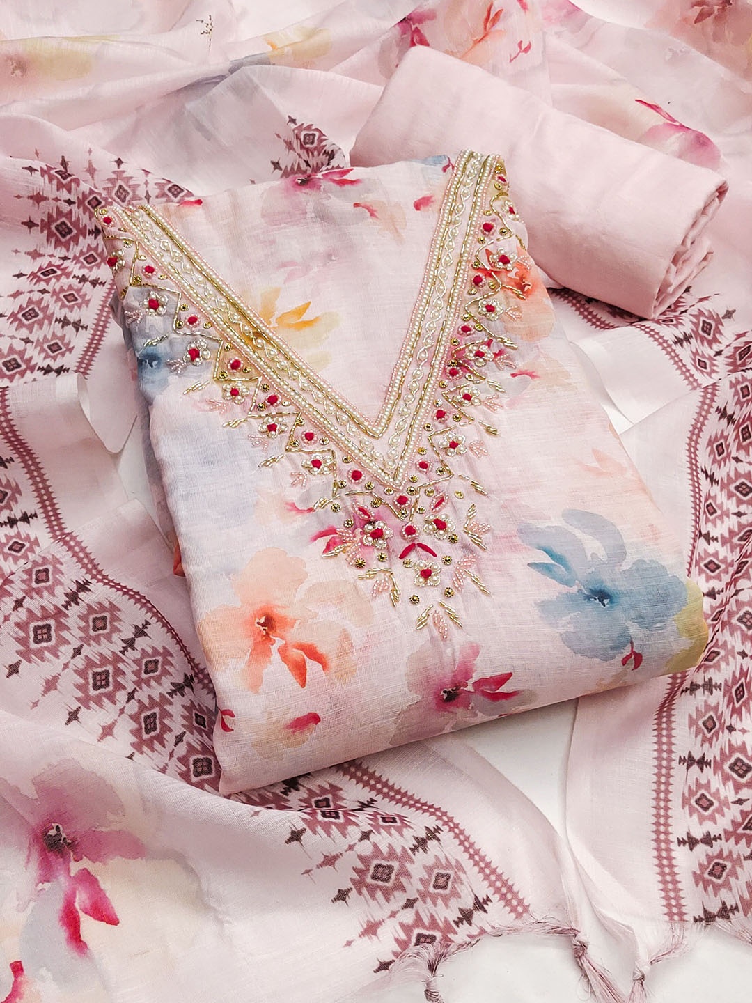 

SHADOW & SAINING Printed Pure Cotton Semi-Stitched Dress Material, Pink