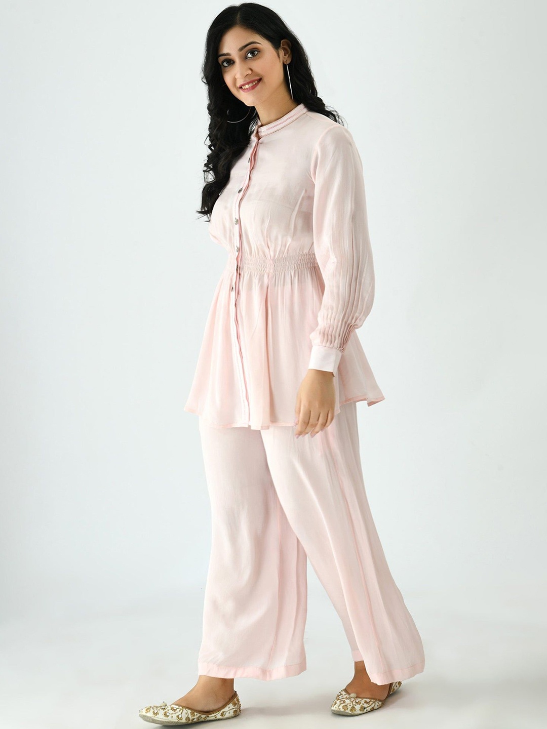

SEEDS OF FUSION Pure Cotton Mandarin Collar Top With Trousers Co-Ords, Pink