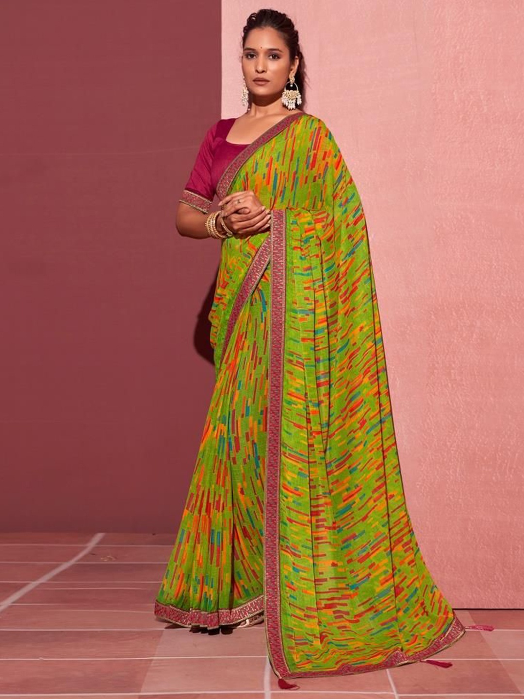 

Styleveda Pure Georgette Block Print Saree, Green