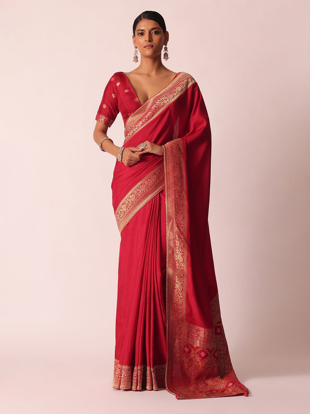 

KALKI Fashion Woven Design Zari Silk Blend Bandhani Ready To Wear Saree, Red