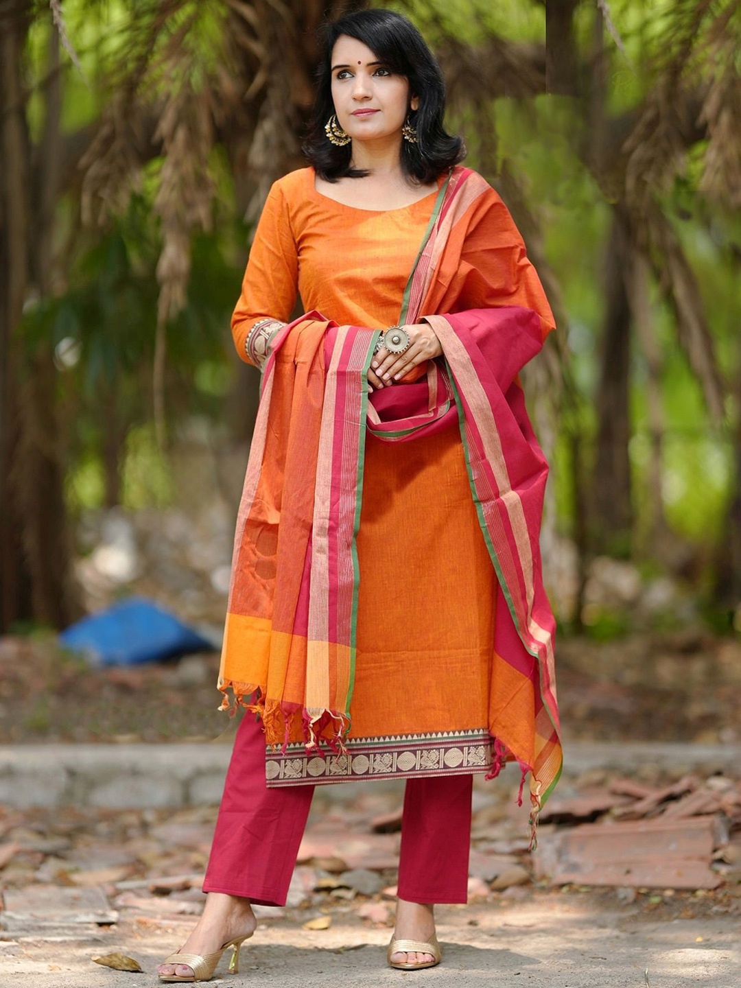 

KALINI Women Regular Kurta with Trousers & With Dupatta, Orange