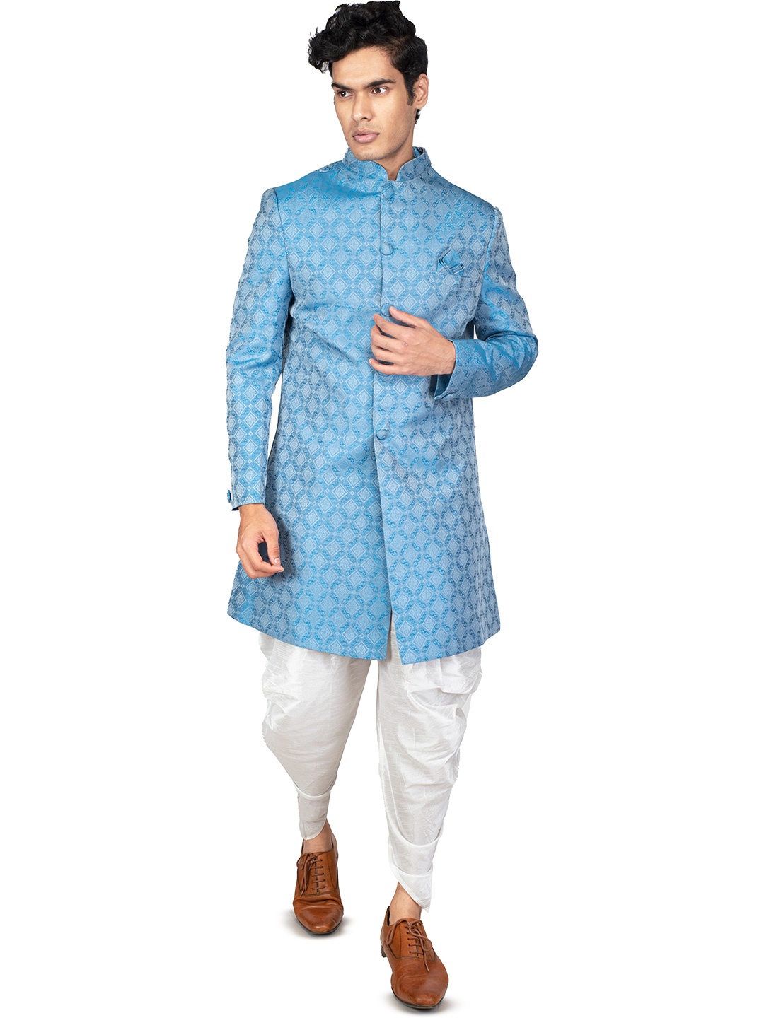 

ANIL KUMAR AJIT KUMAR Printed Mandarin-Collared Sherwani Set, Blue