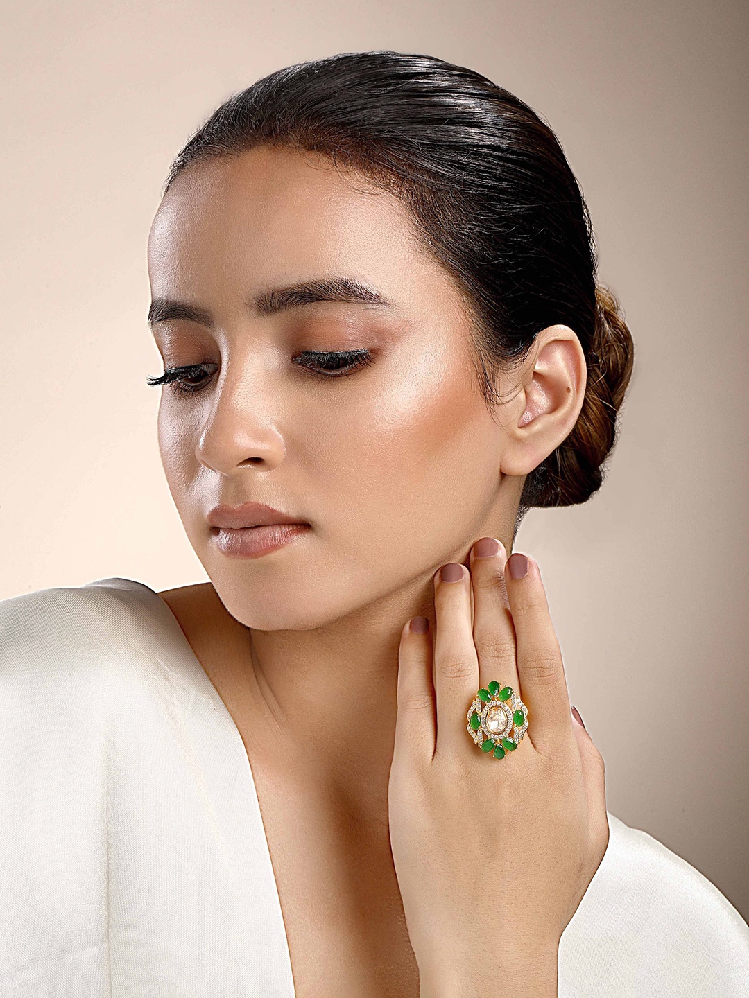 

Sica Jewellery Sterling Silver Gold Plated Kundan Stone Studded Finger Ring