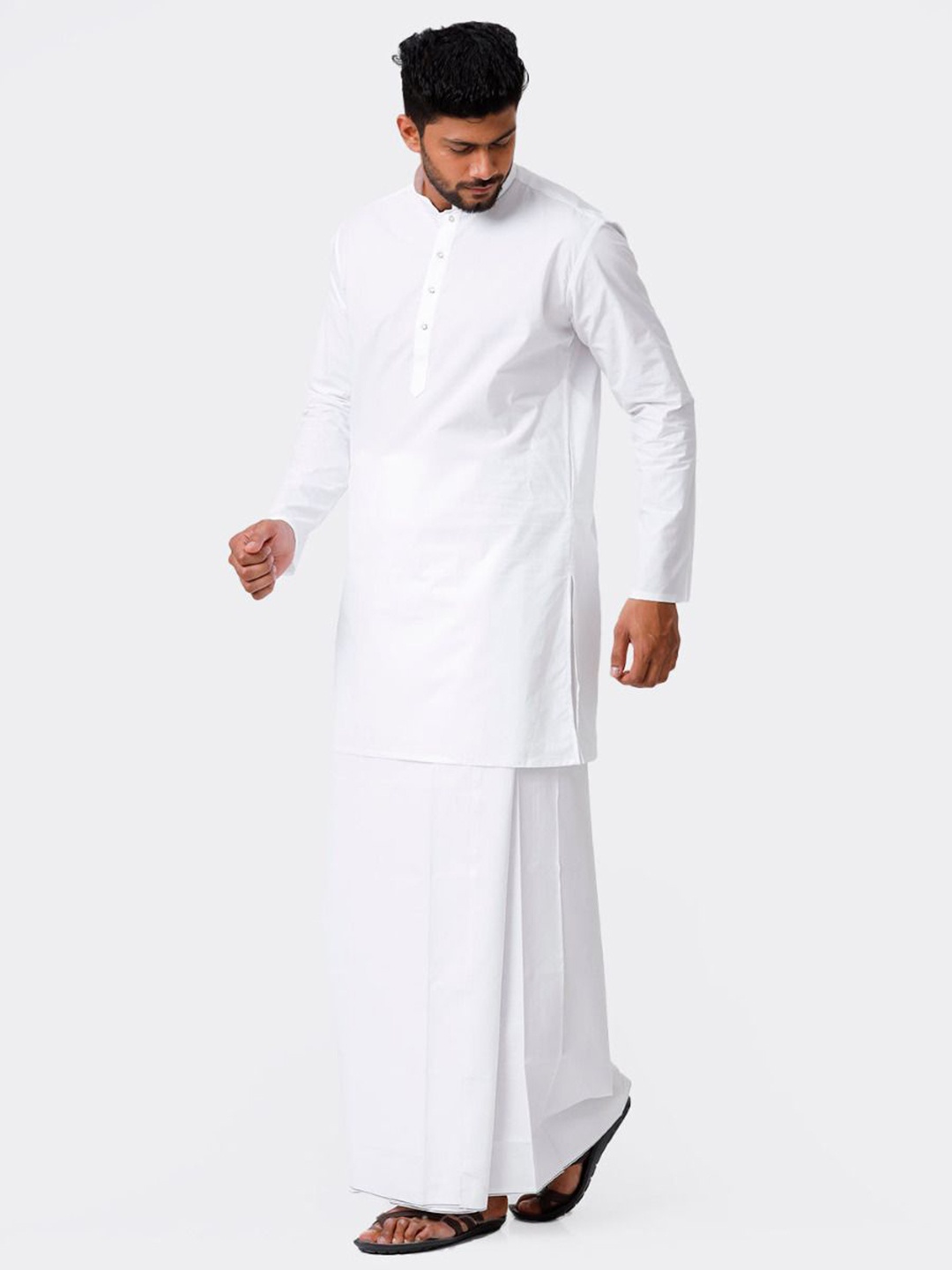 

RAMRAJ COTTON Mens White Cotton Full Sleeve Medium Kurta Top with Stitched Dhoti Combo