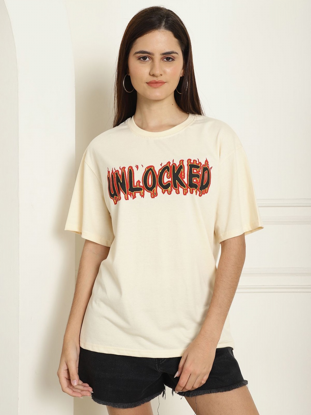 

Dreambe Women Printed T-shirt, Cream