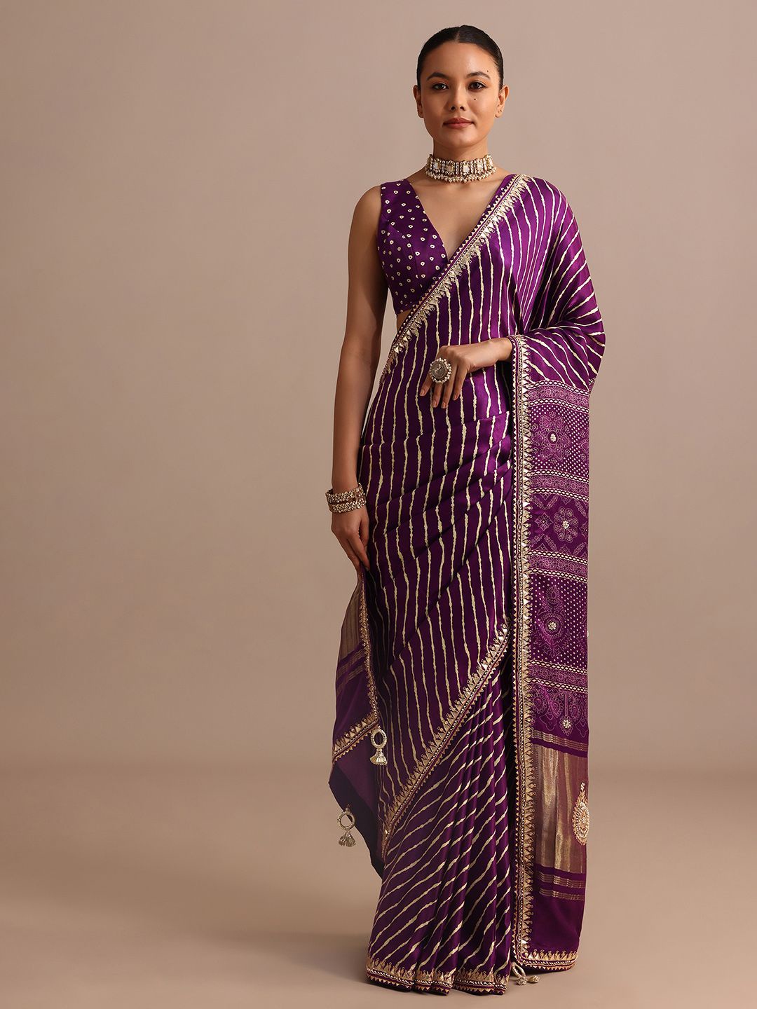 

KALKI Fashion Striped Satin Bandhani Ready To Wear Saree, Purple