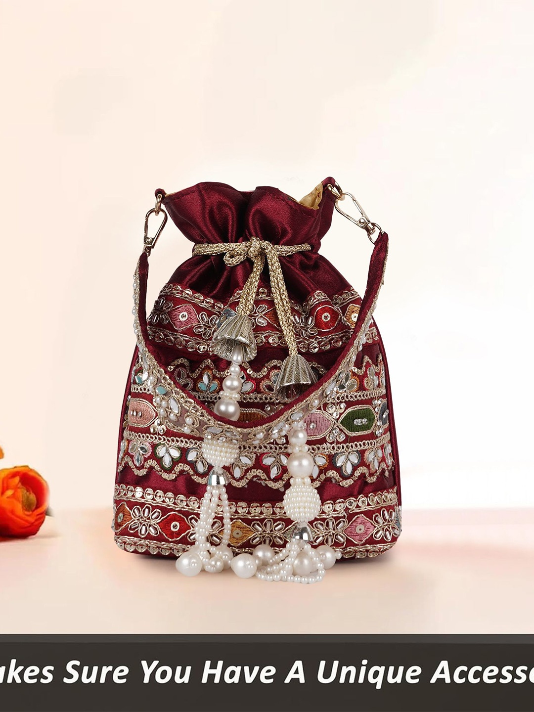 

PLANX Embroidered Potli Clutch, Maroon