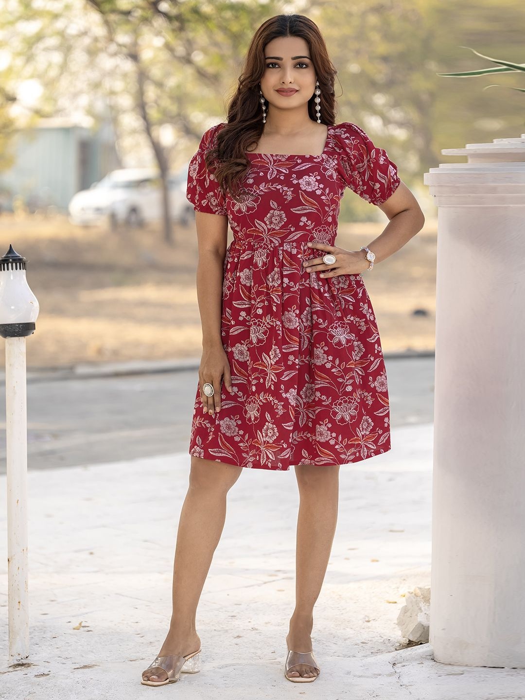 

WEAVLLITE Floral Print Puff Sleeve Fit & Flare Dress, Red