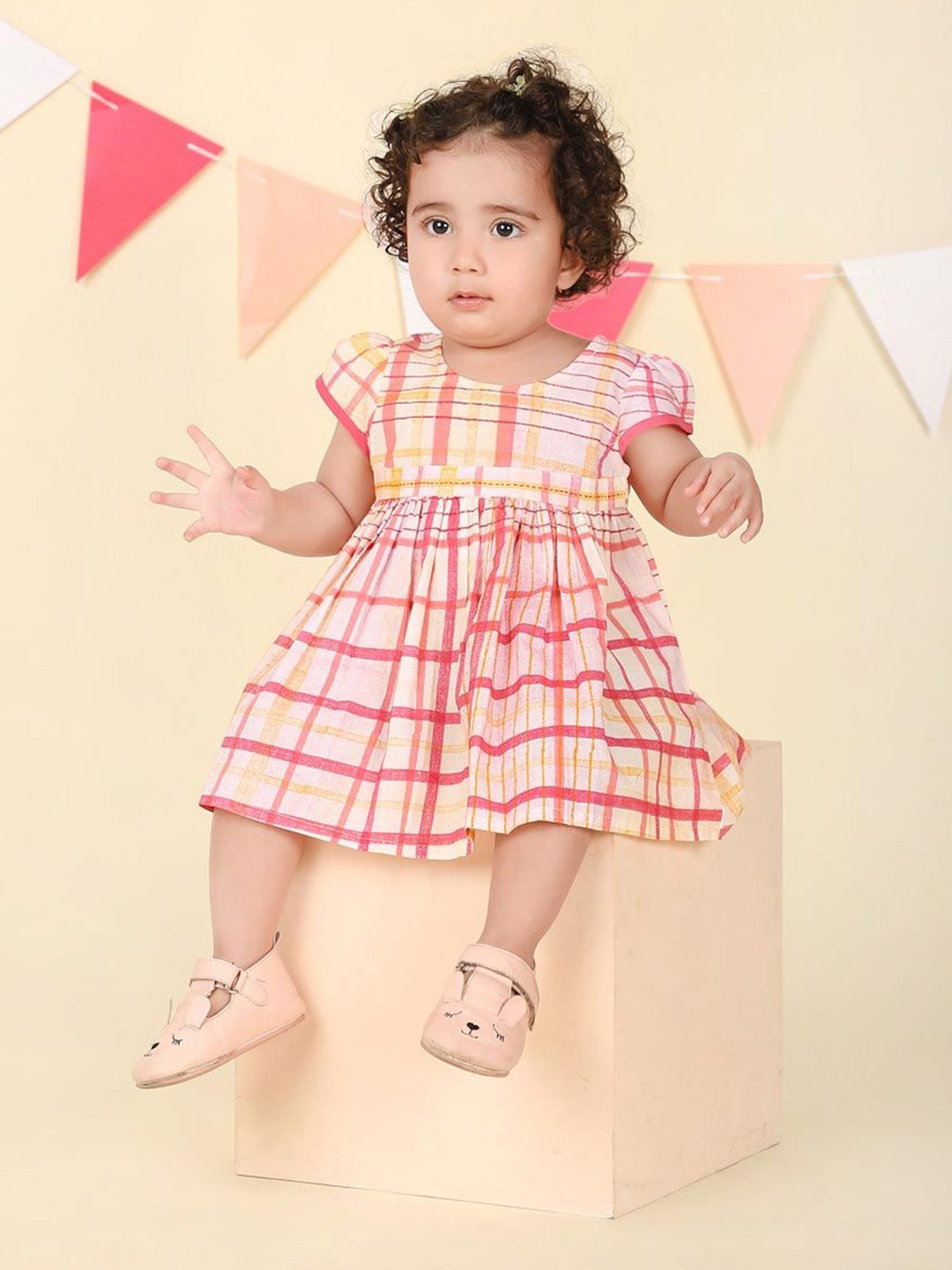 

Fabindia Checked Fit & Flare Dress, Pink