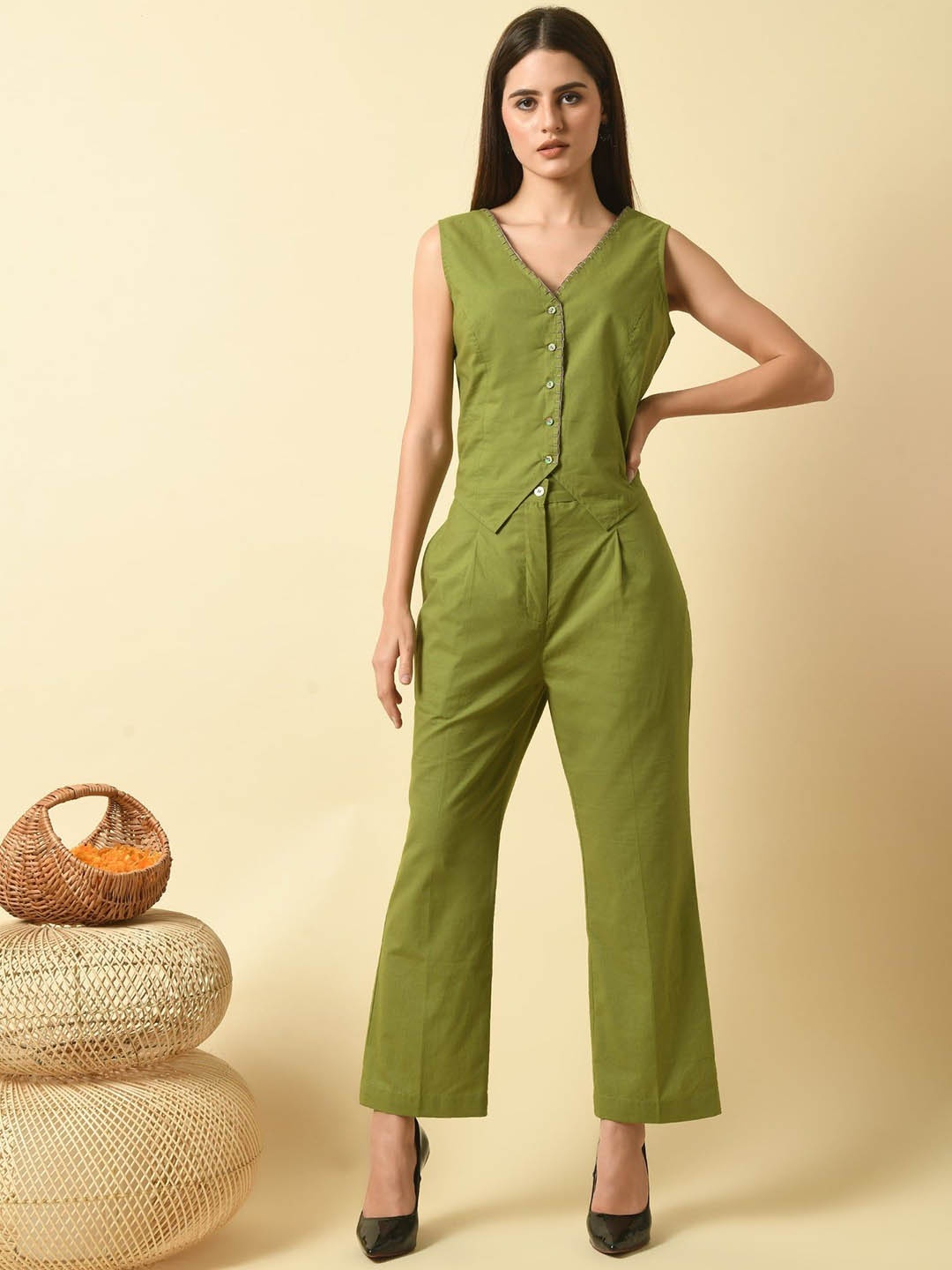 

SEEDS OF FUSION V Neck Top With Trousers Co-Ords, Olive