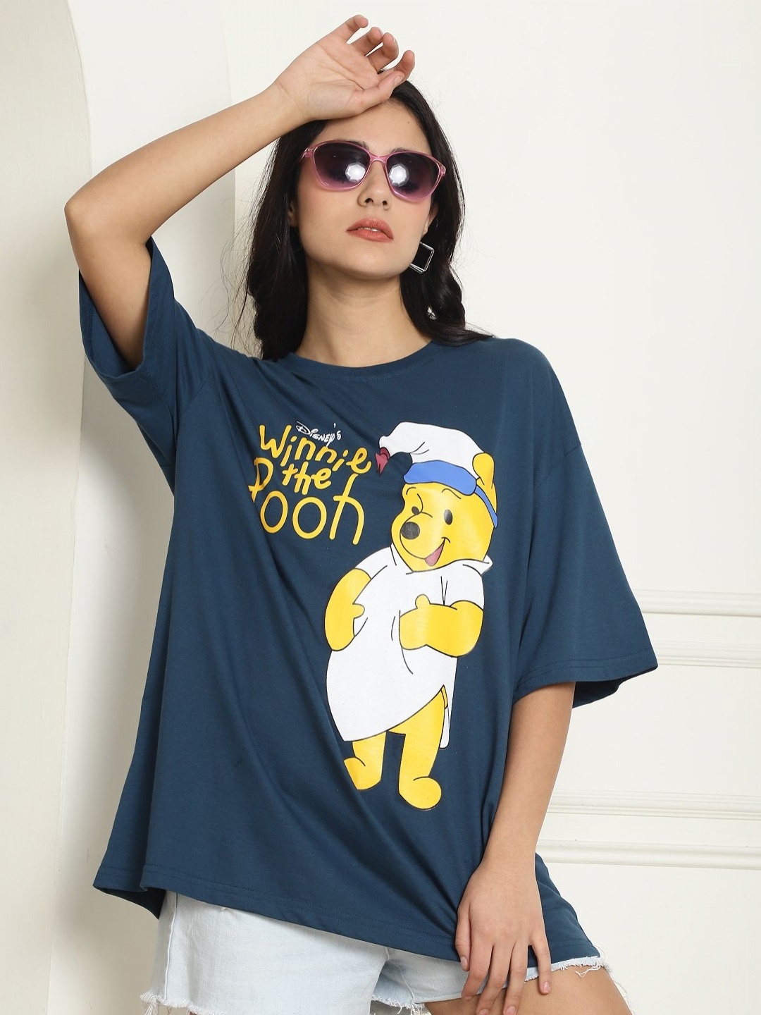 

Dreambe Women Printed Drop-Shoulder Sleeves Applique T-shirt, Blue