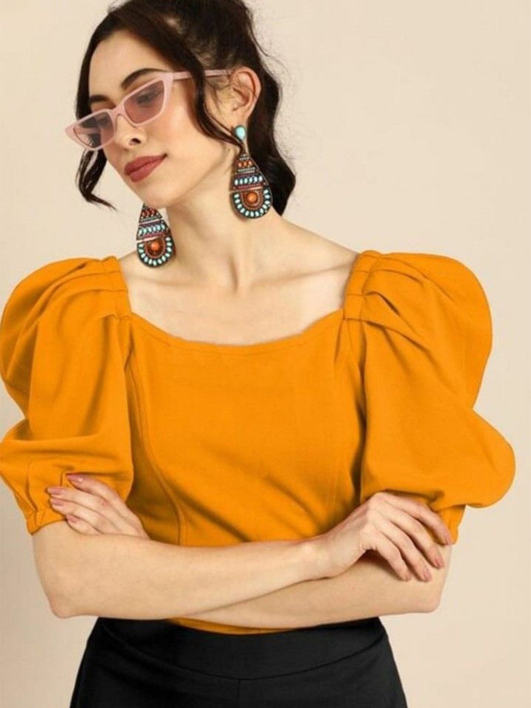 

NiloBerry Puff Sleeve Crop Top, Mustard