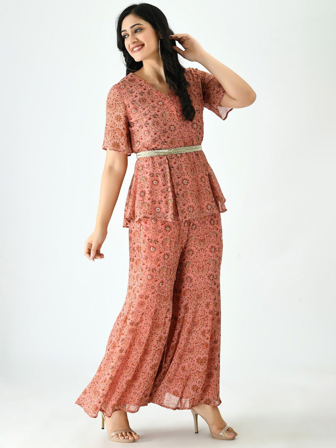 

SEEDS OF FUSION V Neck Top With palazzos Co-Ords, Peach