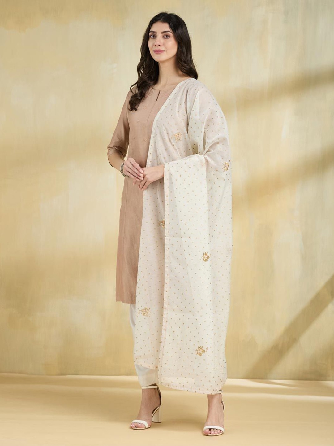 

Fabindia Embroidered Cotton Silk Dupatta with Thread Work, Off white