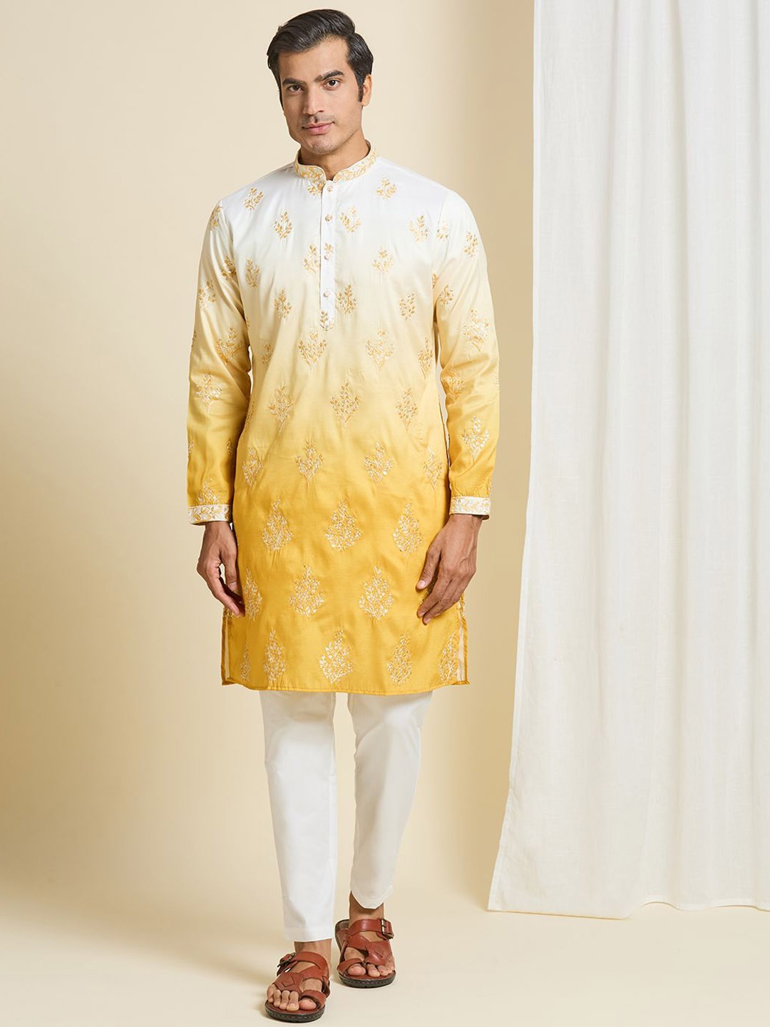 

Be Desi Men Floral Embroidered Regular Kurta with Pyjamas, Mustard