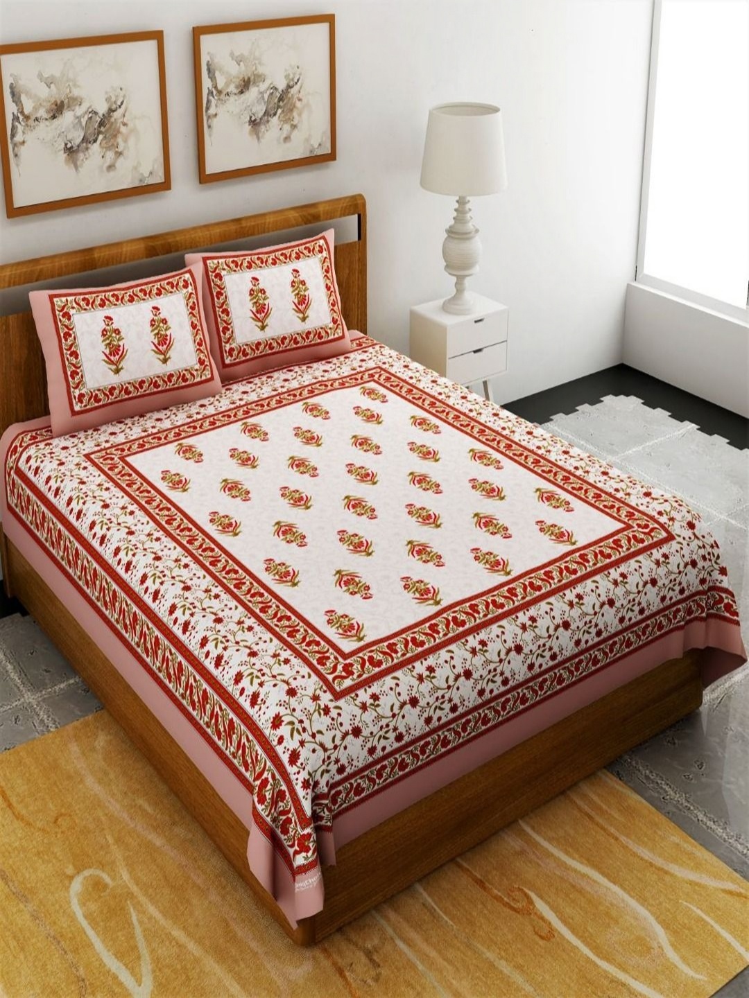 

Myntra Elegant Homes Brown & White Ethnic Motifs 120 TC Queen Bedsheet with 2 Pillow Covers