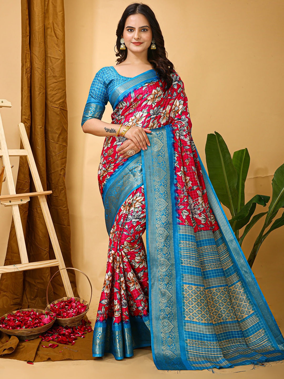 

HERE&NOW Woven Design Zari Silk Cotton Banarasi Saree, Pink