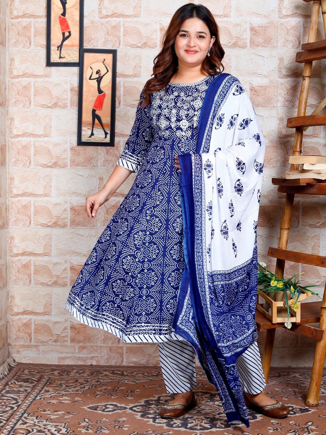 

Moda Rapido Women Bandhani Printed Regular Thread Work Kurta with Trousers & With Dupatta, Navy blue