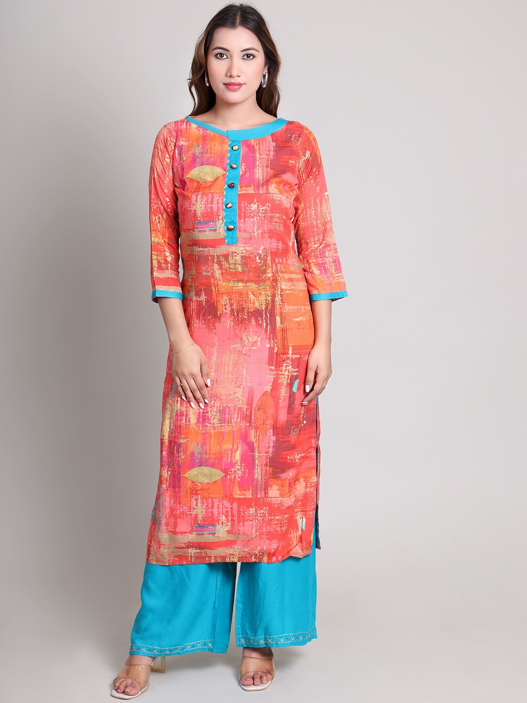 

DELIS Women Printed Regular Beads and Stones Kurta with Palazzos, Pink