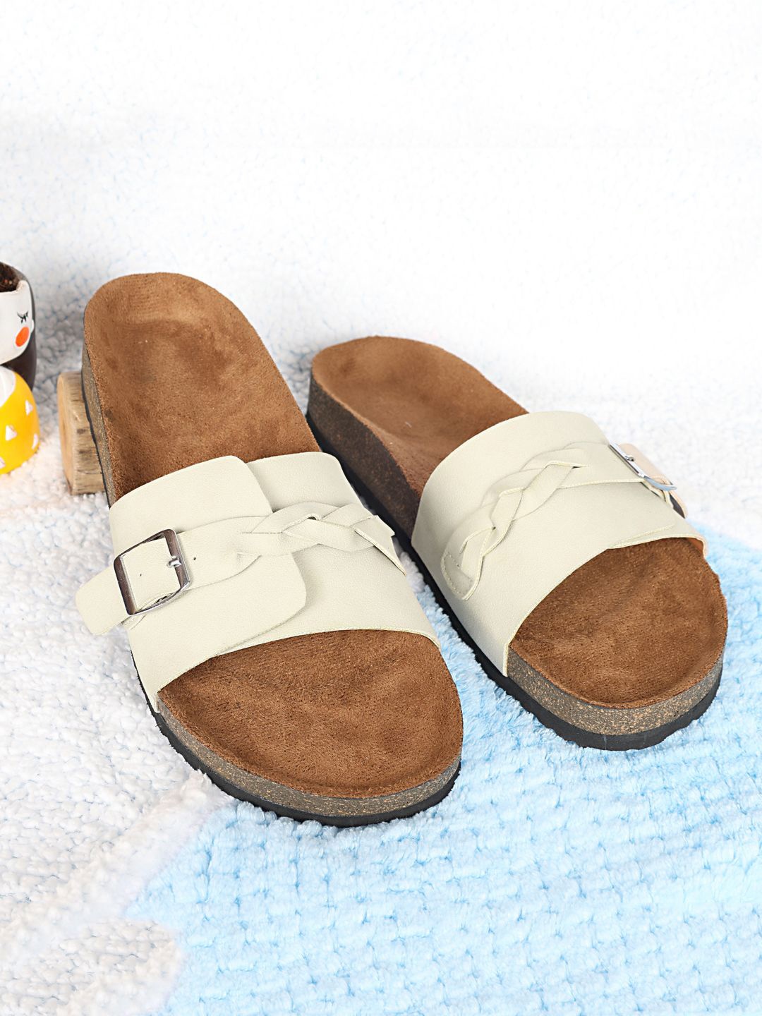 

MOZAFIA Women Mules with Buckles Flats, Cream