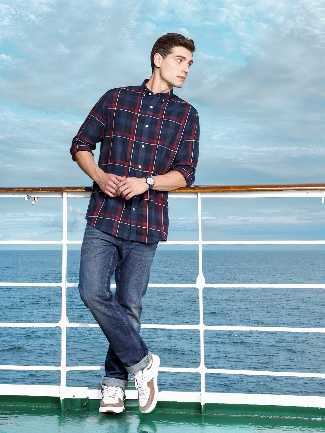 

Nautica Pure Cotton Classic Fit Opaque Checked Casual Shirt, Navy blue