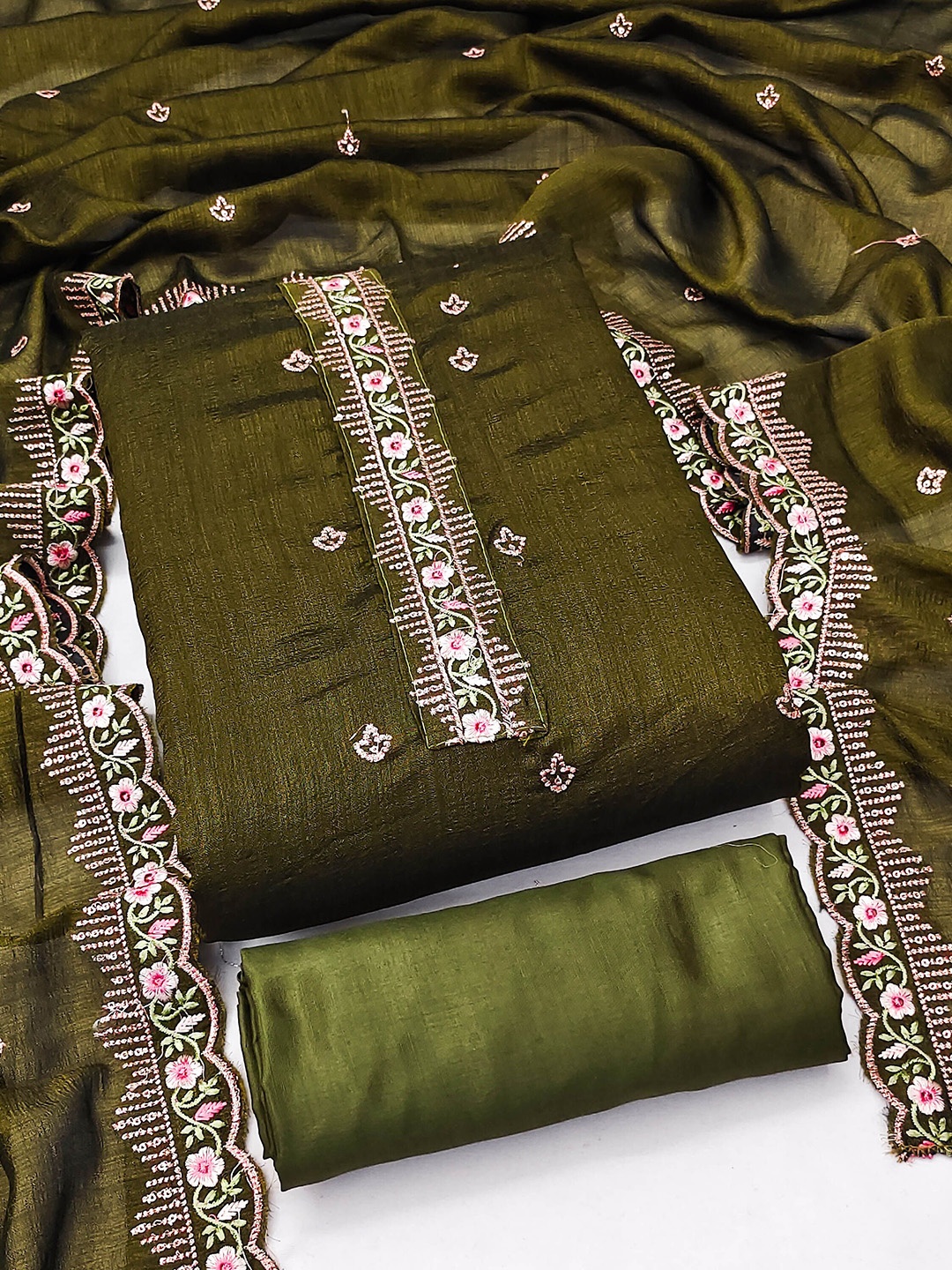 

SHADOW & SAINING Embroidered Unstitched Dress Material, Olive