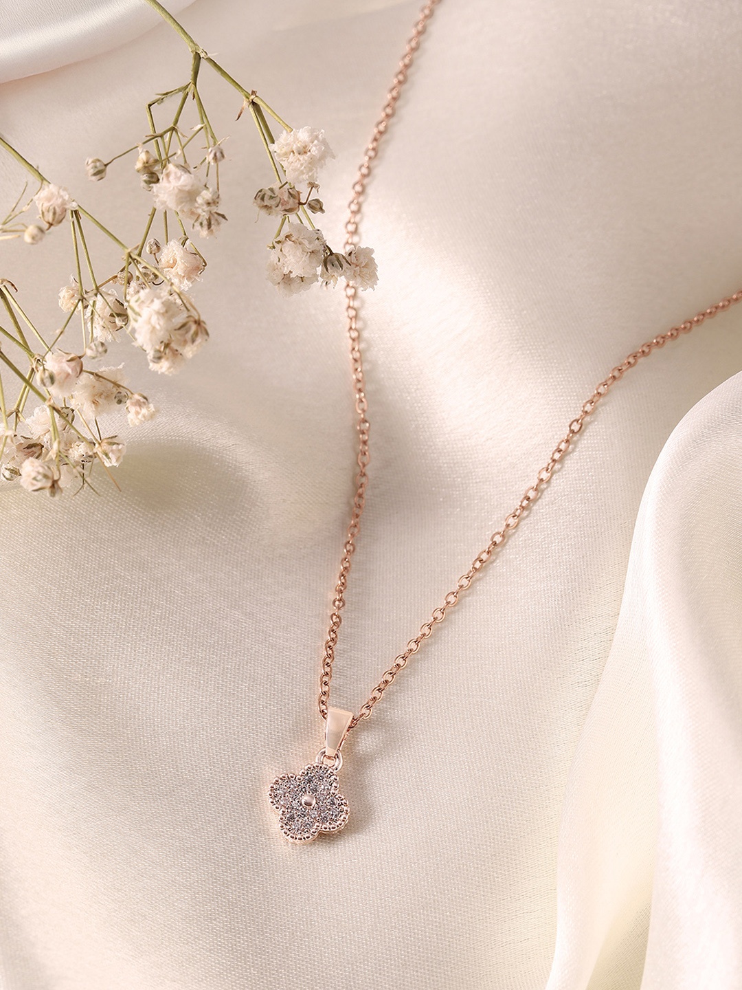 

DressBerry Stone-Studded Floral Shaped Pendent With Chain, Rose gold
