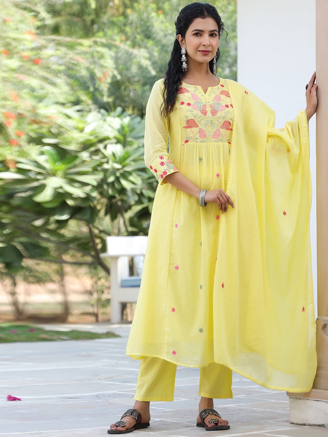 

AUTUMN LANE Women Floral Embroidered Pleated Thread Work Pure Cotton Kurta with Trousers & With Dupatta, Yellow
