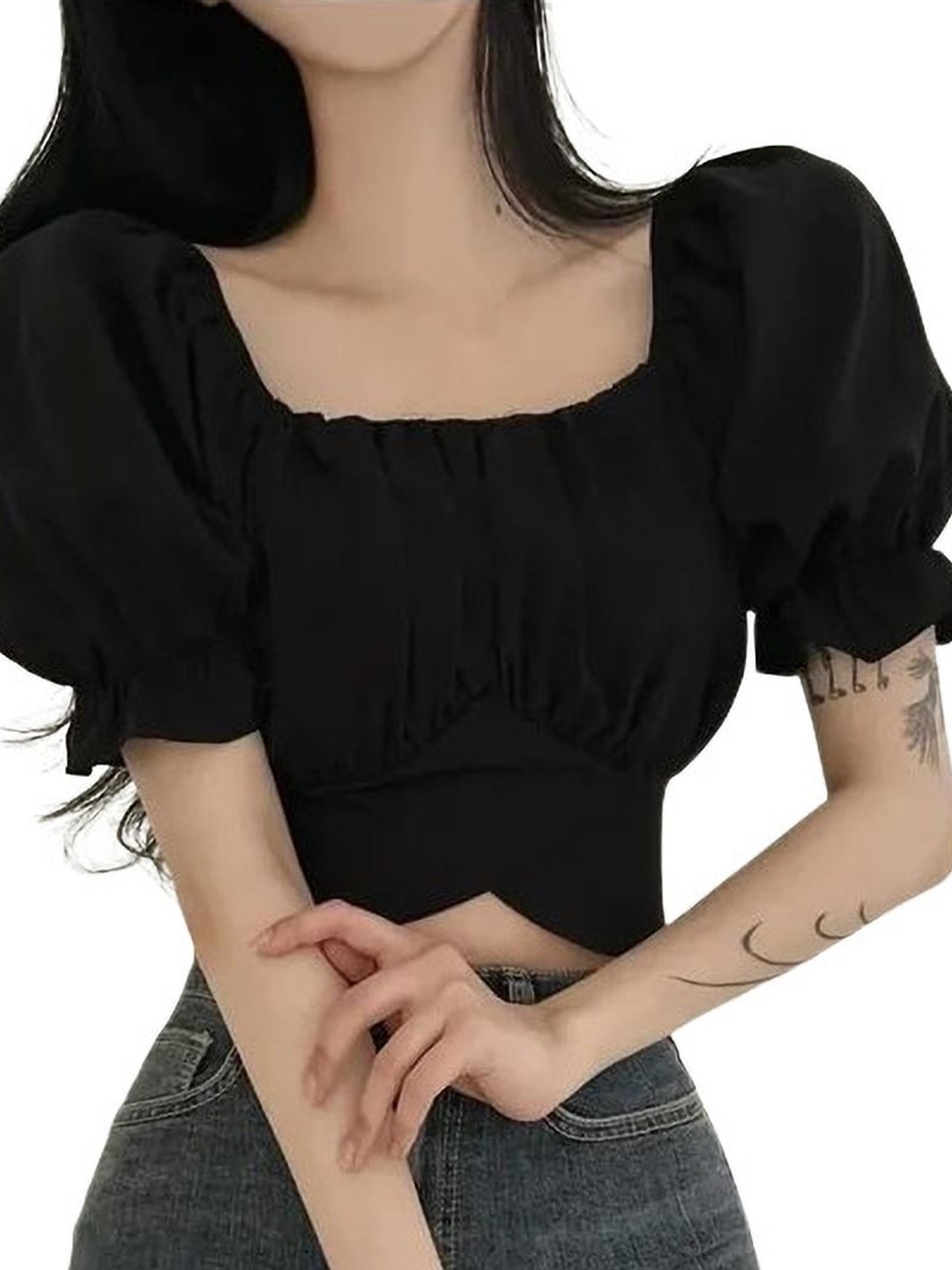 

NiloBerry Off-Shoulder Puff Sleeve Crop Top, Black