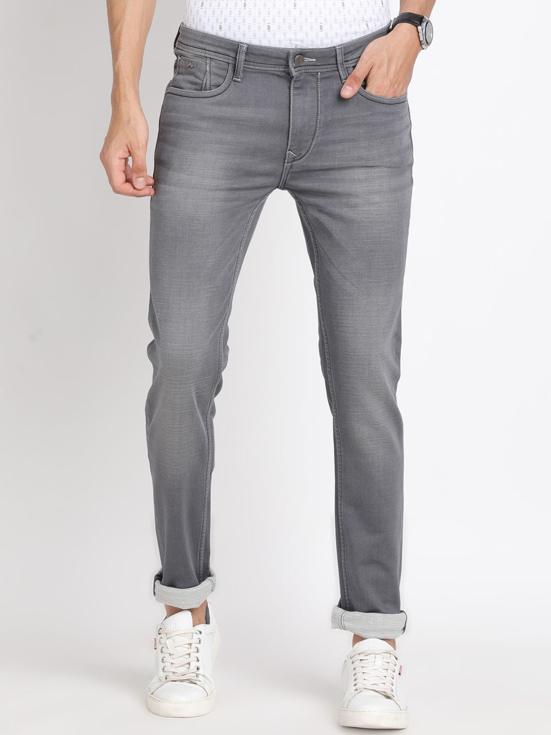 

Turtle Men Narrow Tapered Fit Heavy Fade Stretchable Jeans, Grey
