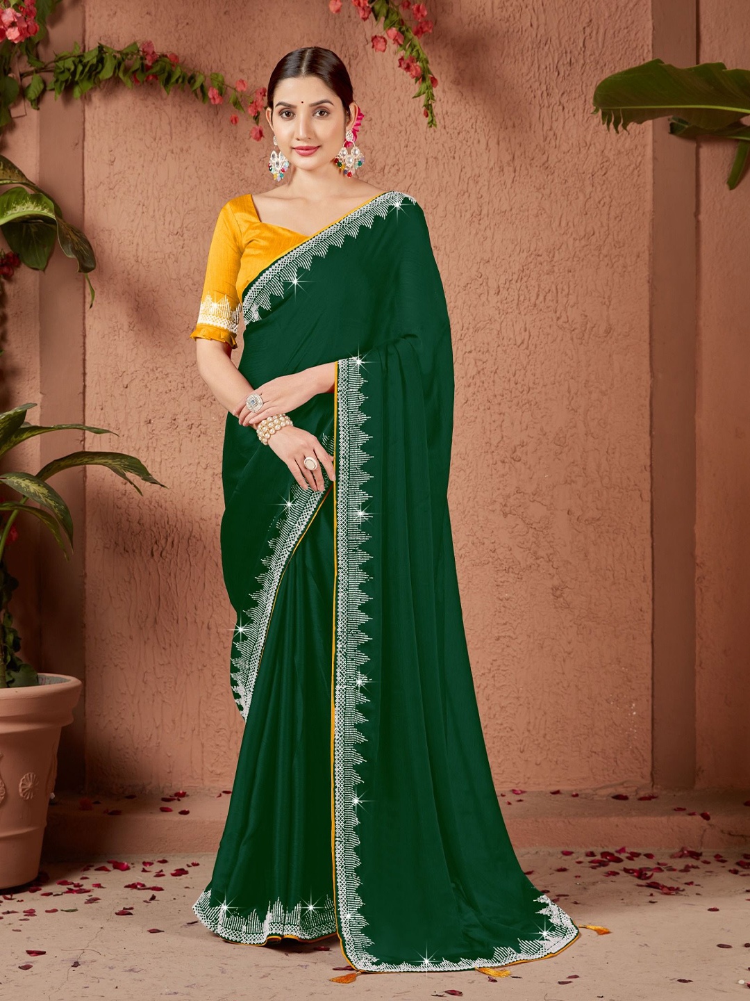 

PAYAL CREATION Beads and Stones Pure Georgette Saree, Sea green